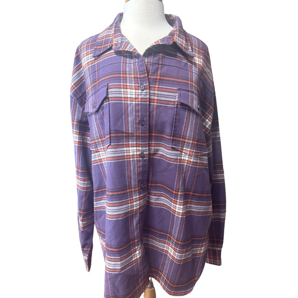 Women's CLEO + WOLF Purple Orange Plaid Flannel Button Down Shirt XL